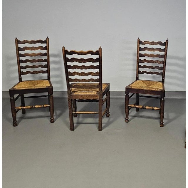 Rustic Oak Farmhouse Ladderback Dining Chairs with Rush Seats, 1960s, Set of 4 For Sale - Image 15 of 18