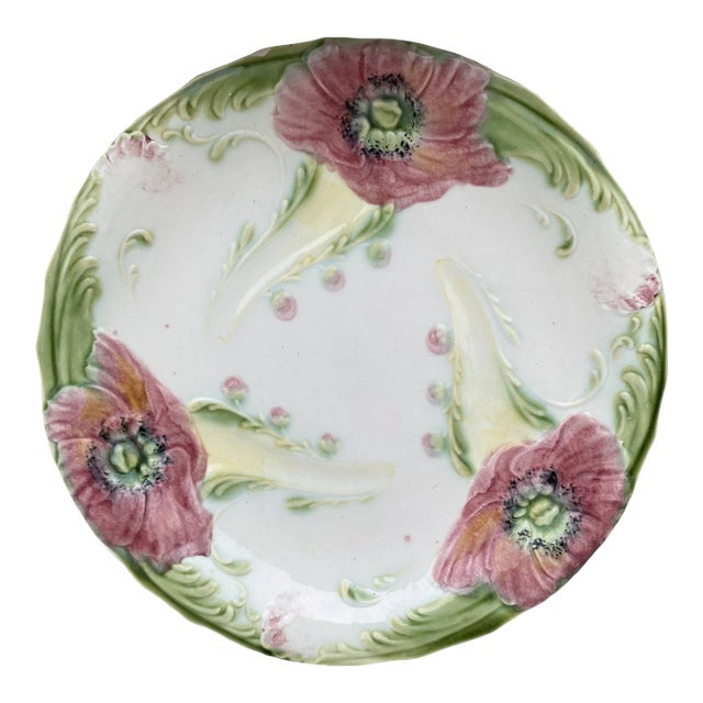French Majolica Poppies Plate Luneville, Circa 1910 For Sale