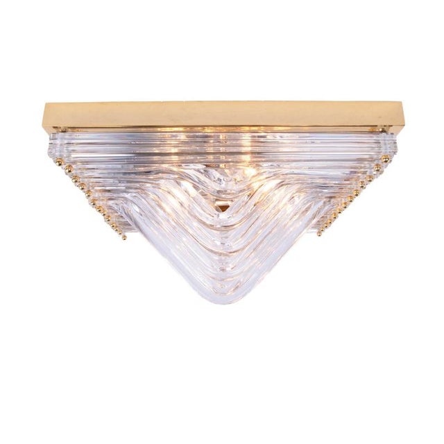 Amazingly rare, square, flush-mounted chandelier made of curved, molded “quadriedri” crystal glass with prisms mounted on...