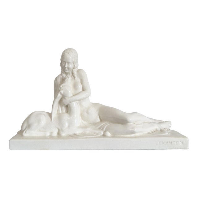 Art Deco Sculpture of Woman with a Doe in Crackle-Glazed Ceramic by Charles Lemanceau, 1930s For Sale