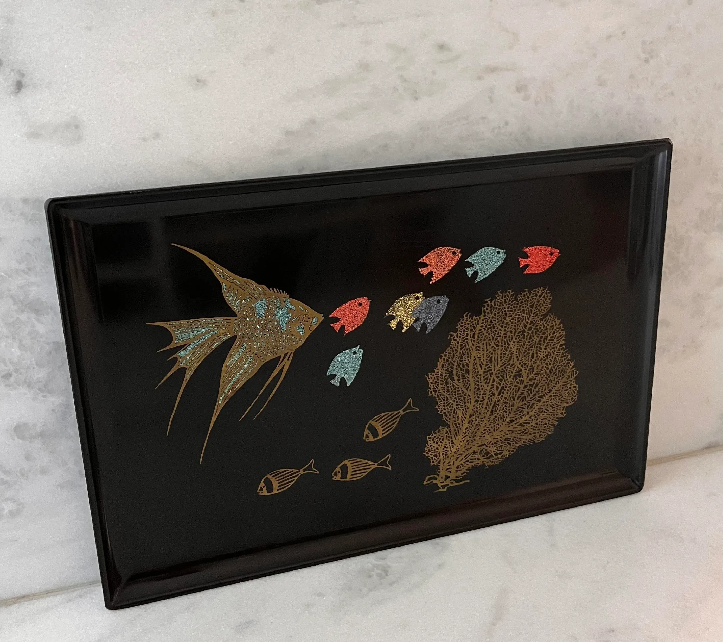 couroc fishing lure tray Mid Century Couroc Serving Tray With Fish/Sea Design