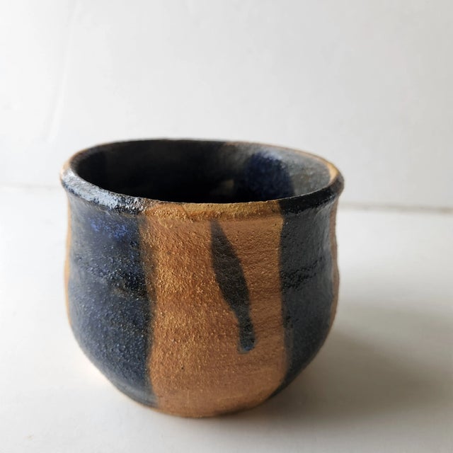 AMBIANIC presents Calif Modern Art Pottery Terracotta & Glazed Blue Vase signed by maker. 4 inches tall x 4.5 inches...