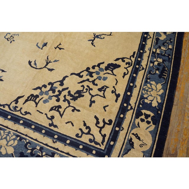 A Beige Field Adorned With Blue Floral Sprays and Central Medallion Antique Chinese Peking Rugug For Sale - Image 11 of 12