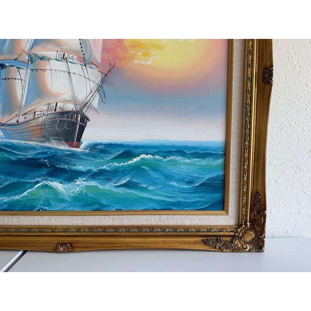 Original Marine Oil Painting Tall Ship on Open Sea Nautical Seascape Gold Frame For Sale - Image 10 of 11