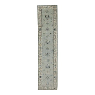 Early 21st Century Blue Floral Design Handwoven Wool Turkish Oushak Runner 2'10" X 12'3" For Sale