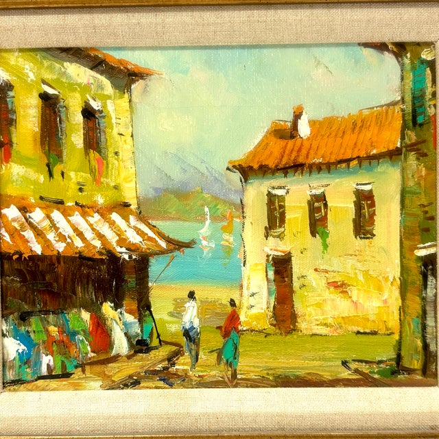 This is a gorgeous mid-century impressionist original oil painting depicting a seaside village. The scene features two...