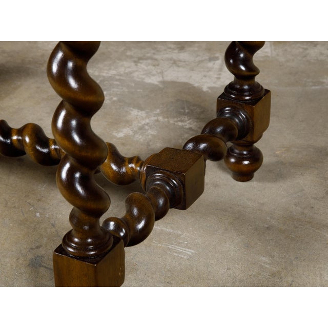 Wood Barley Twist English 19th Oak Stool with Cross Stretcher and Custom Upholstery For Sale - Image 7 of 11
