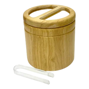 1970s Style Cylindrical Wooden Ice Bucket With Tongs
