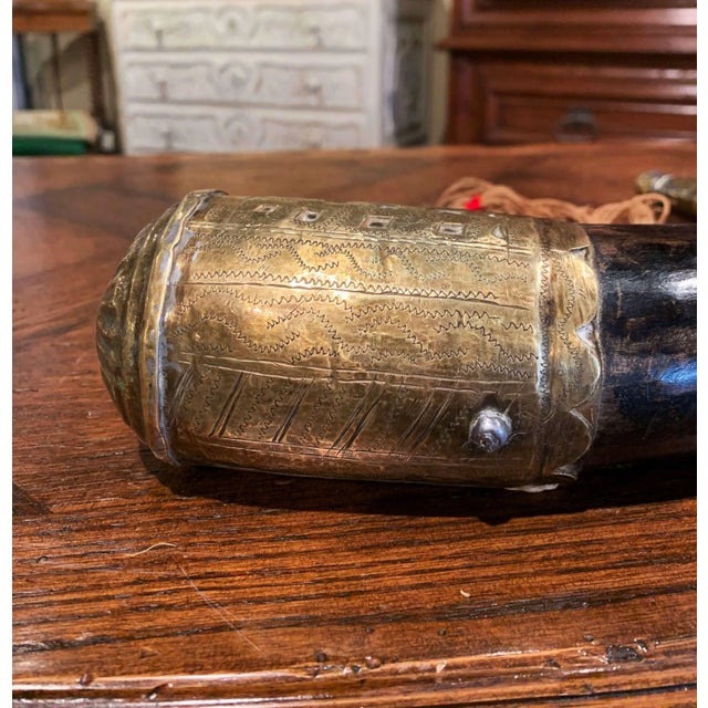 Copper 19th Century French Mounted Drinking Horn With Engraved Brass and Tassels For Sale - Image 8 of 10