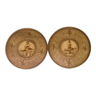 8" Burned & Carved Wood Decorative Plates - A Pair For Sale