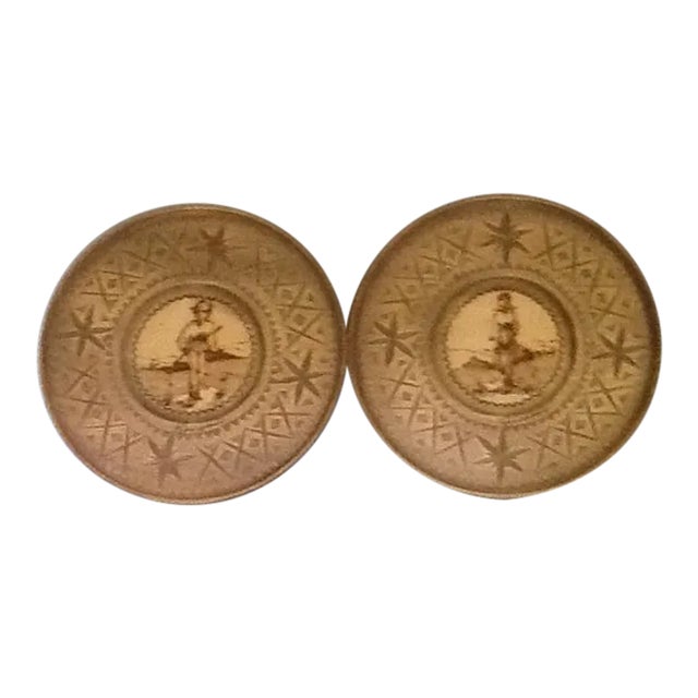 8" Burned & Carved Wood Decorative Plates - A Pair For Sale