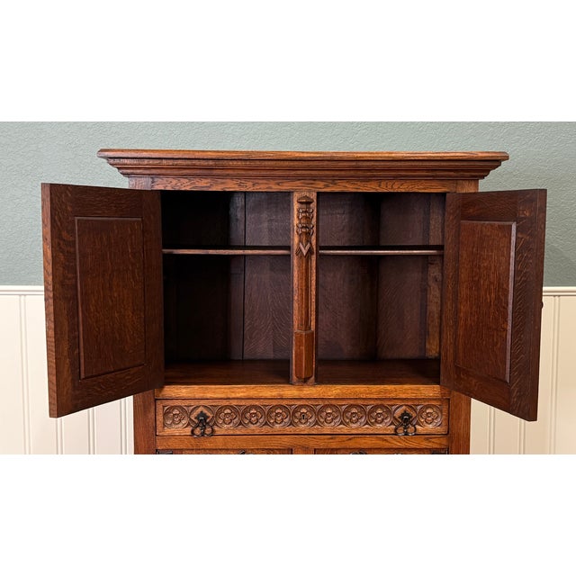 Wood Antique French Gothic Linen Altar Wine Storage Cabinet Bookcase Bar Liquor Oak For Sale - Image 7 of 18