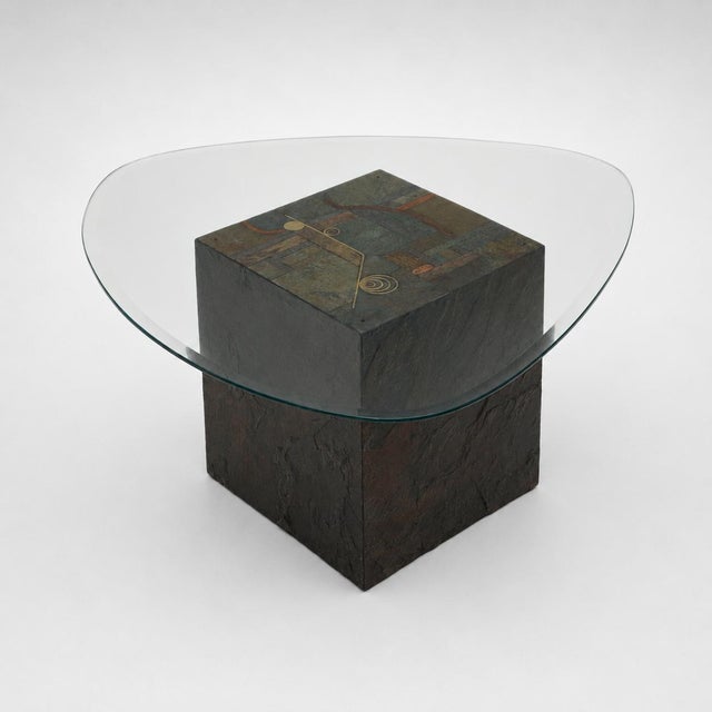 Designer Coffee Table with Natural Stone Base and Organic Glass Top, 1970s For Sale - Image 6 of 7