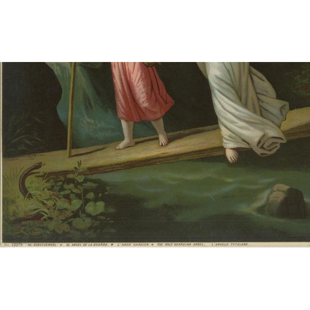 This beautifully composed antique german chromolithograph depicts the holy guardian angel gently guiding and protecting a...