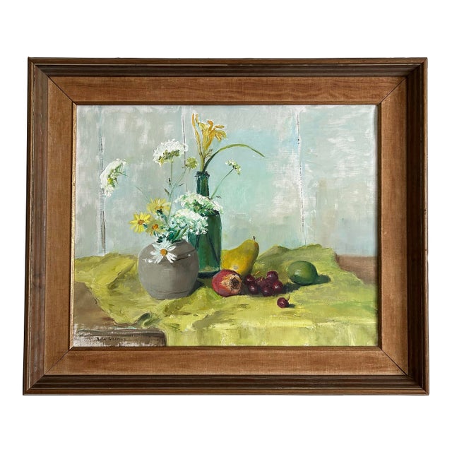 Vintage 1970’s Impressionist Framed Still Life Oil Painting With Flowers and Fruit For Sale