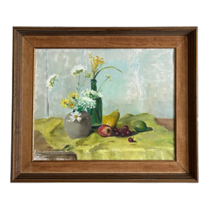 Vintage 1970’s Impressionist Framed Still Life Oil Painting With Flowers and Fruit