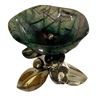 Vintage Gabriele De Vecchi Milano Sterling Silver & Carved Rainbow Fluorite Flower Bowl Centerpiece Signed 665 MI Made in Italy 1970-1989 For Sale