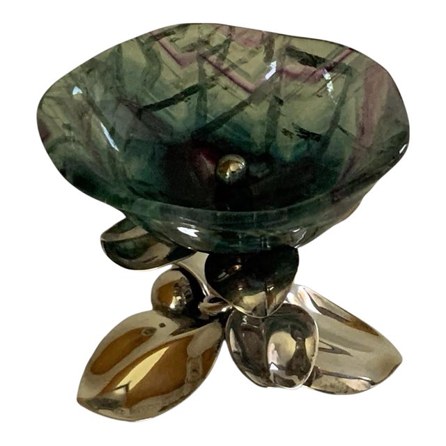 Vintage Gabriele De Vecchi Milano Sterling Silver & Carved Rainbow Fluorite Flower Bowl Centerpiece Signed 665 MI Made in Italy 1970-1989 For Sale