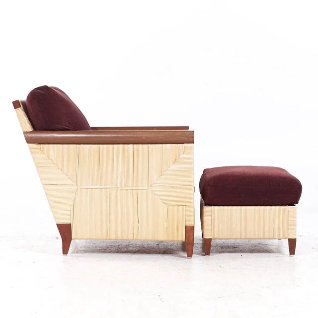 Donghia John Hutton for Donghia Merbau Collection Mahogany and Rattan Club Chairs With Ottomans - Pair For Sale - Image 4 of 12