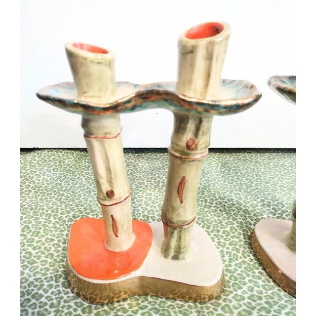 Green Vintage Italian Colorful Ceramic Faux Bamboo Double Stalk Green Orange Candle Stick Holders- a Pair For Sale - Image 8 of 9