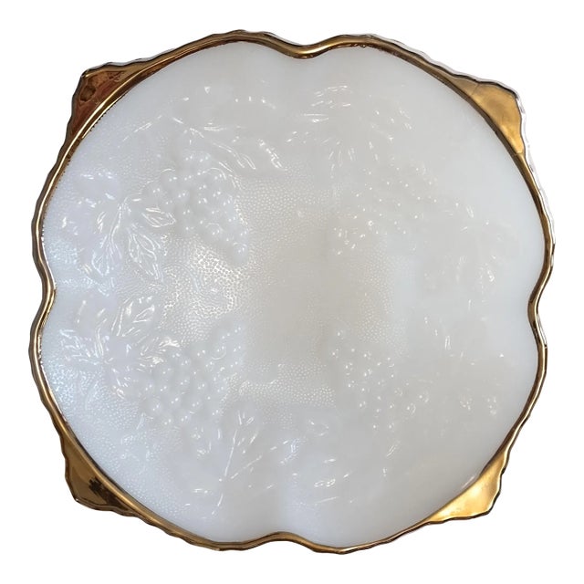 Vintage Anchor Hocking White Milk Glass Bowl With Gold Rim Embossed Grapes For Sale