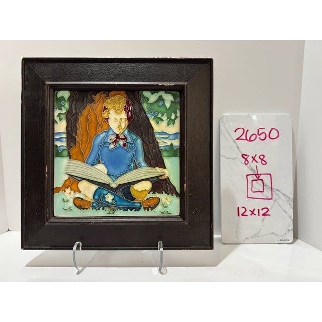 Blue 1920s Motawi Tileworks Boy Reading Large 8" Tile Arts and Crafts For Sale - Image 8 of 8