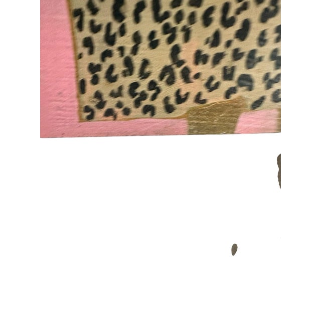 Pink 1970s Original Contemporary Folk Art Painting of Girl in Leopard Print Dress on Pink Background For Sale - Image 8 of 9