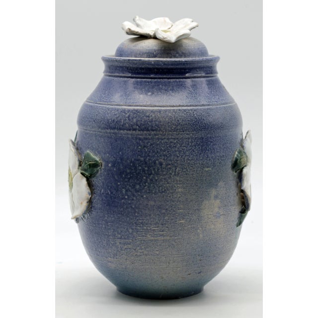 Ceramic Jim Tripp Blue Stoneware Lidded Jar With Applied Floral Finial Signed 2008 For Sale - Image 7 of 8