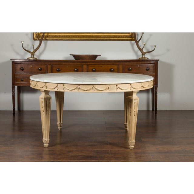 Mid 20th Century Italian Vintage Neoclassical Style Pine Dining Table with Marble Top and Swags For Sale In Atlanta - Image 6 of 12