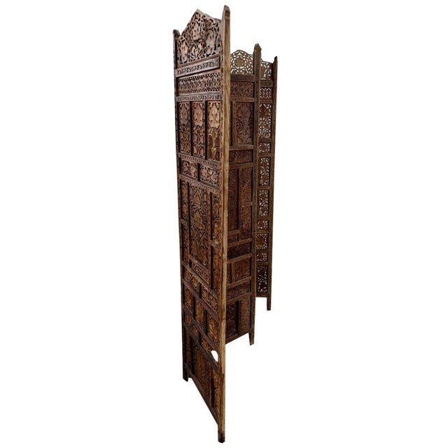 Carved Hardwood Four-Panel Anglo Indian Folding Screen, 1890s For Sale