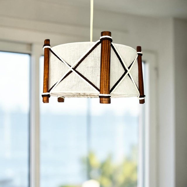 Scandinavian Wood and Linen Lampshade Hanging Lamp, 1960s For Sale - Image 3 of 11