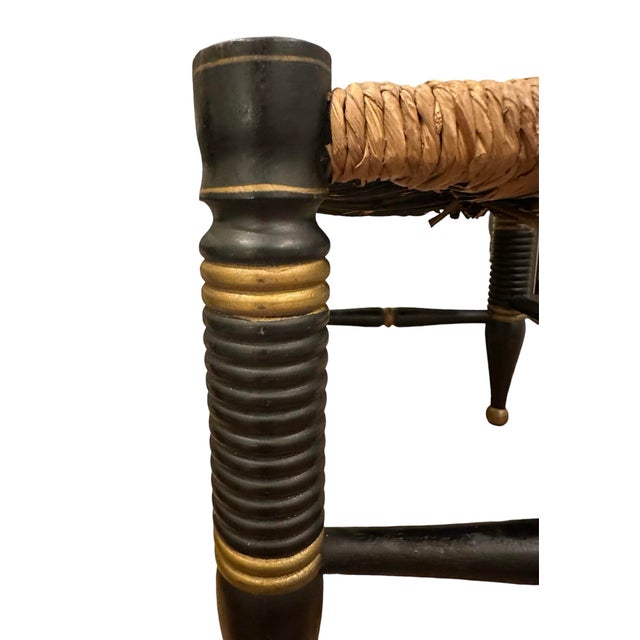 Hitchcock Antique Ebonized Hitchcock Stool / Footsool With Woven Rush Seat, Stenciling, & Spool Legs For Sale - Image 4 of 12
