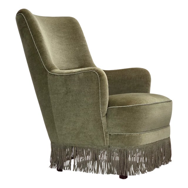 Danish Highback Armchair in Green Furniture Velour, 1970s For Sale