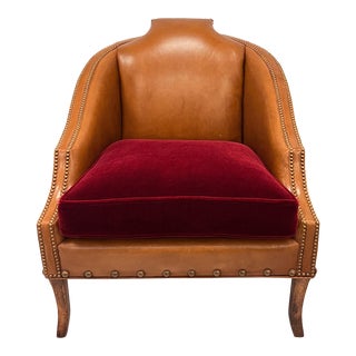 Nailhead Trim Leather Club Chair With Mohair Cushion For Sale