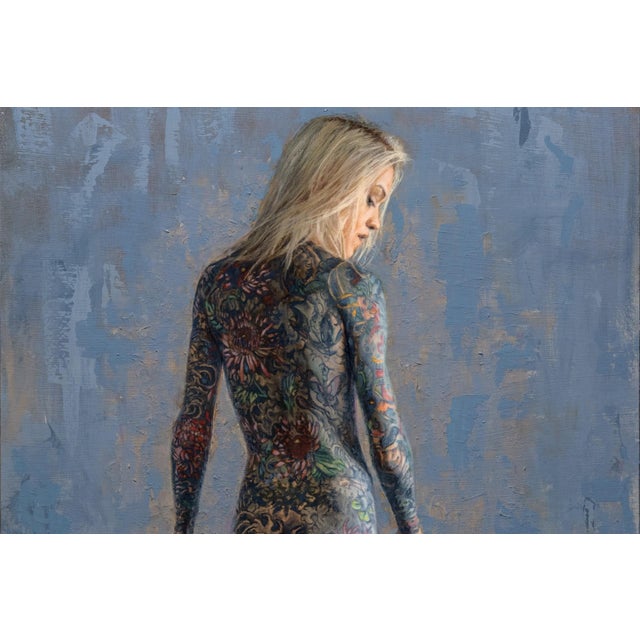 The Matador by Dave Seeley | Oil on Canvas on Board Woman with a patterned tattoo holding a cape. For Sale - Image 4 of 5