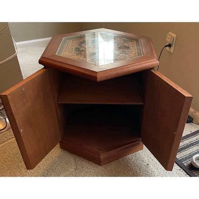Chinese Chinese Carved Hexagonal End Table Cabinet With Glass Top For Sale - Image 3 of 9
