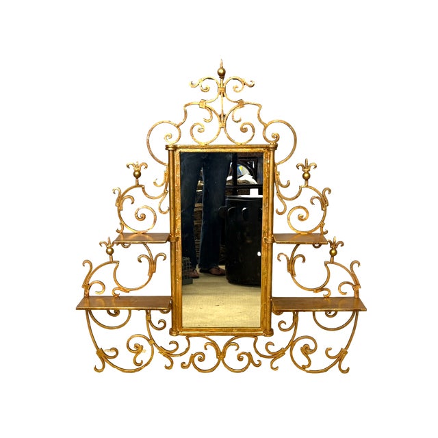 French Provincial Mid-Century Italianate Gilt Iron Etegere Wall Mirror W/ Shelves For Sale - Image 3 of 8