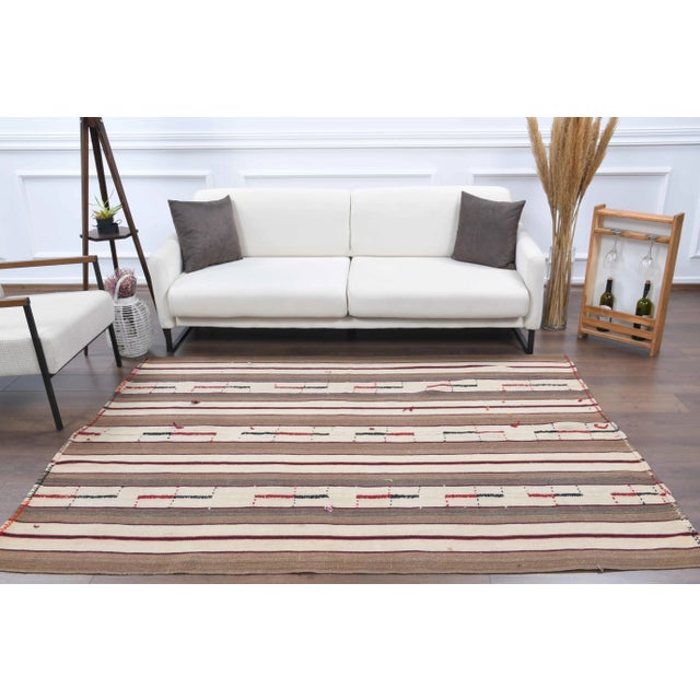 Boho Chic Vintage Turkish Oushak Handmade Wool Cotton Brown Kilim Area Rug For Sale - Image 3 of 11