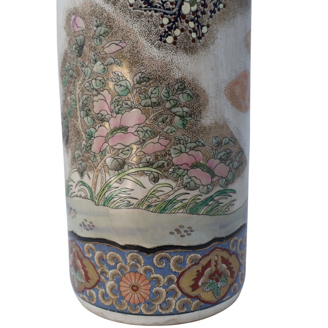 Vintage Macau Hand-Painted Porcelain Umbrella Stand With Floral Garden, Raised Enamels & Gilt Detail For Sale - Image 11 of 18