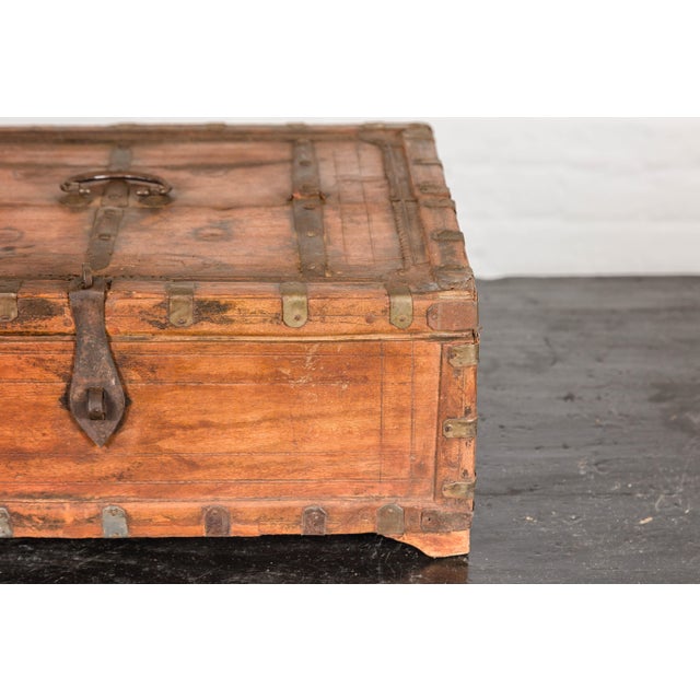Rustic Indian Document Wooden Box with Brass Details and Partial Opening Top For Sale - Image 9 of 12