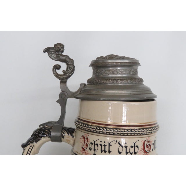 Metal Early 20th Century Marzi and Remy Tall Extra Large Ceramic Pewter Lidded Beer Stein For Sale - Image 7 of 16