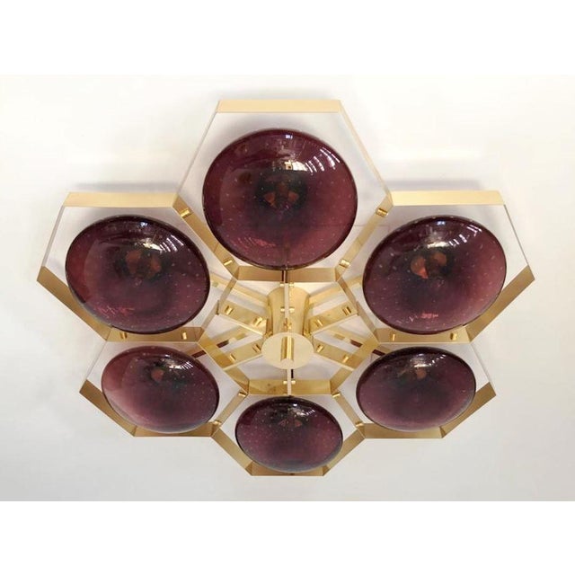 Italian midcentury flush mount with six amethyst Murano glass shades carefully hand blown with bubbles inside the glass...