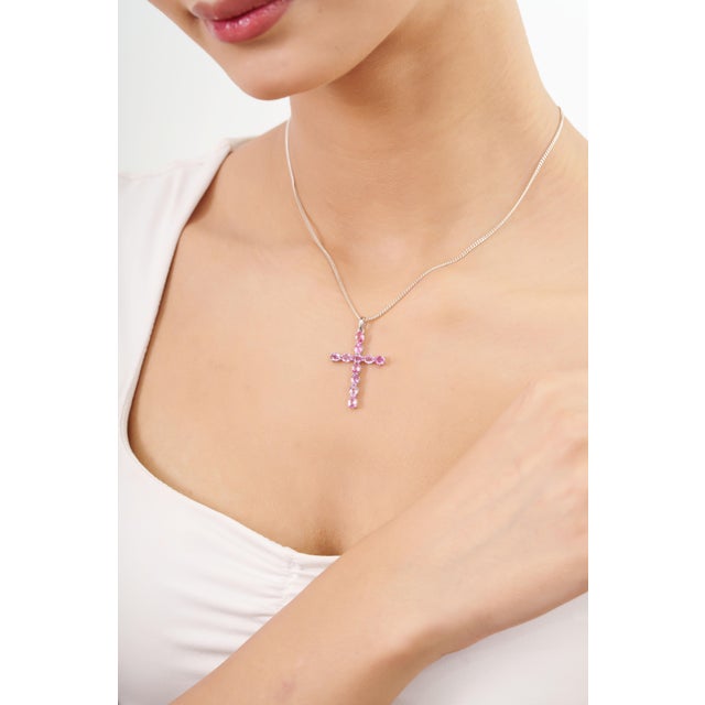 VR Jewels Religious Cross Pendant With 2.05ct Pink Sapphire Accents in 14k White Gold For Sale - Image 4 of 13