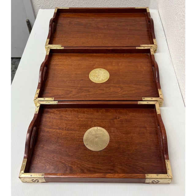 Chinese Brass + Rosewood Nesting Trays, Set of Three For Sale - Image 3 of 12