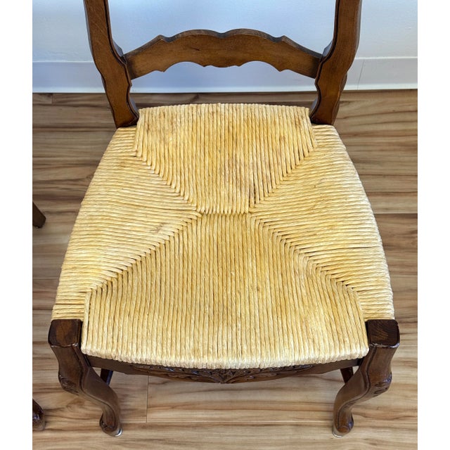 Vintage French Country Rush Seat Carved Wood Chairs, a Pair For Sale - Image 10 of 10