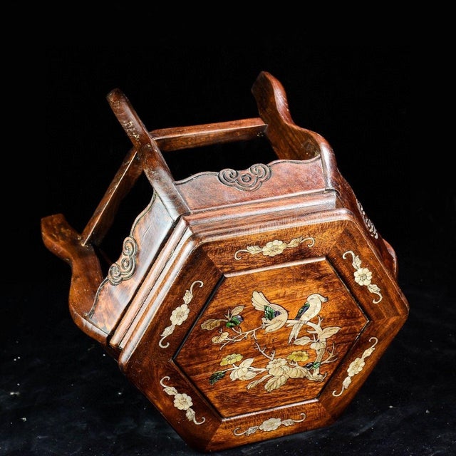 Brown Vintage Chinese Rosewood Hexagonal Stool / Mother of Pearl Inlay Plant Stand For Sale - Image 8 of 9