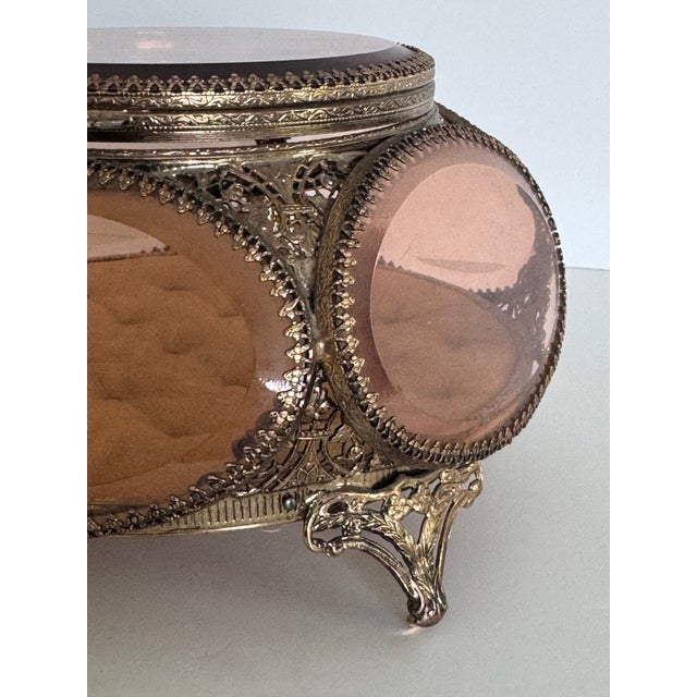 Ormolu Gold Filigree Beveled Glass Jewelry Casket 5-Sided Round Trinket Box, 1960s For Sale - Image 4 of 8