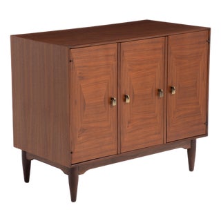 Ramseur Furniture Mid Century Walnut Brass Diamond Front Record Cabinet Credenza Unmarked For Sale