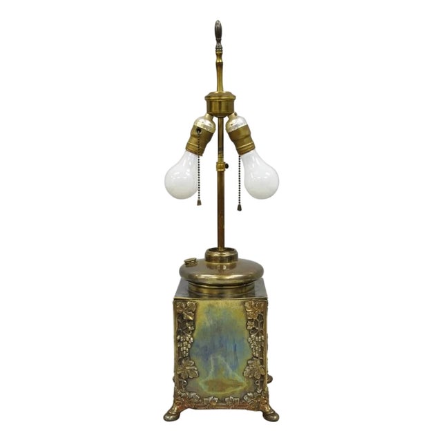 Antique French Art Nouveau Brass Maple Leaf Converted Oil Lamp Table Lamp For Sale