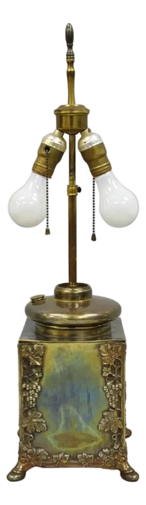 Antique French Art Nouveau Brass Maple Leaf Converted Oil Lamp Table Lamp